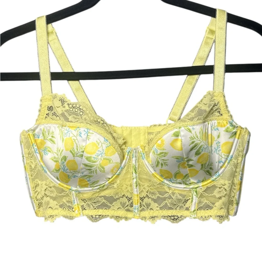 Adore Me Lemon‎ Print Lace Longline Bra 36C Yellow Floral Bralette - Picture 2 of 8